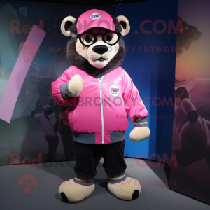 Pink Spectacled Bear mascot costume character dressed with a Bomber Jacket and Wallets