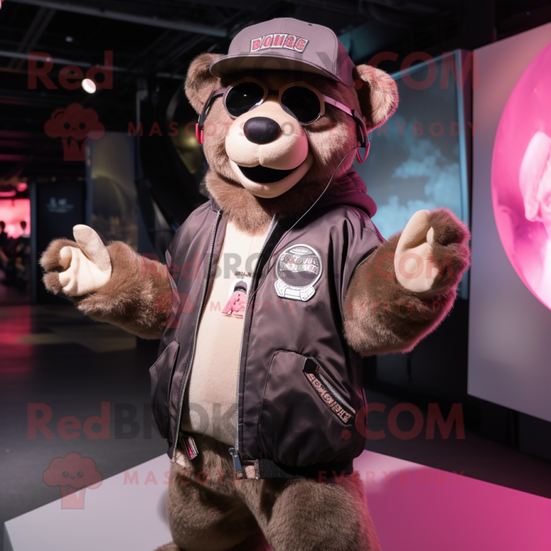 Pink Spectacled Bear mascot costume character dressed with a Bomber Jacket and Wallets