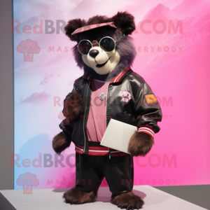 Pink Spectacled Bear mascot costume character dressed with a Bomber Jacket and Wallets
