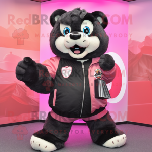 Pink Spectacled Bear mascot costume character dressed with a Bomber Jacket and Wallets