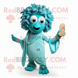 Turquoise Medusa mascot costume character dressed with a Bermuda Shorts and Brooches