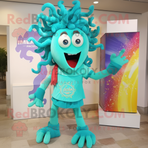 Turquoise Medusa mascot costume character dressed with a Bermuda Shorts and Brooches