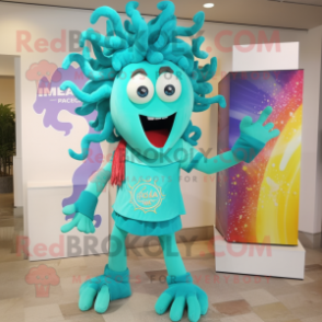 Turquoise Medusa mascot costume character dressed with a Bermuda Shorts and Brooches