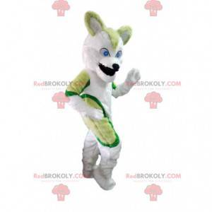 Green and white husky dog mascot, wolf dog costume -