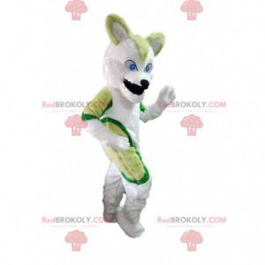 Mascote de cachorro husky verde e branco, fantasia de cachorro