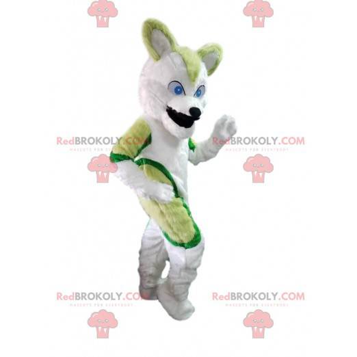 Mascotte de chien husky vert et blanc, costume de chien-loup -