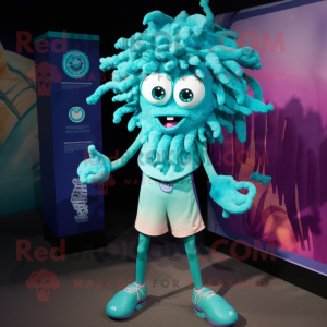 Turquoise Medusa mascot costume character dressed with a Bermuda Shorts and Brooches