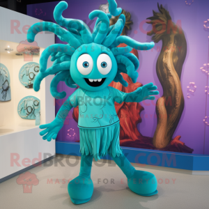 Turquoise Medusa mascot costume character dressed with a Bermuda Shorts and Brooches