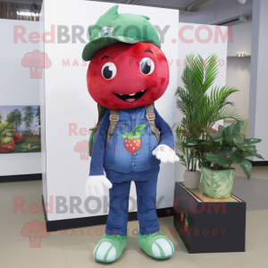 Forest Green Strawberry mascot costume character dressed with a Denim Shirt and Scarf clips
