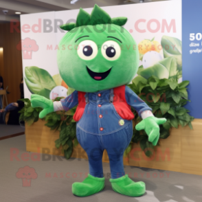 Forest Green Strawberry mascot costume character dressed with a Denim Shirt and Scarf clips