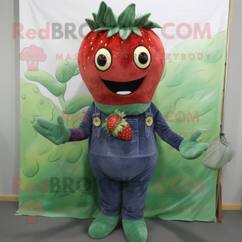 Forest Green Strawberry mascot costume character dressed with a Denim Shirt and Scarf clips Forest Green Strawberry mascot costume character dressed with a Denim Shirt and Scarf clips