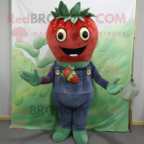 Forest Green Strawberry mascot costume character dressed with a Denim Shirt and Scarf clips