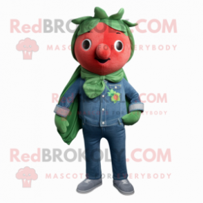 Forest Green Strawberry mascot costume character dressed with a Denim Shirt and Scarf clips