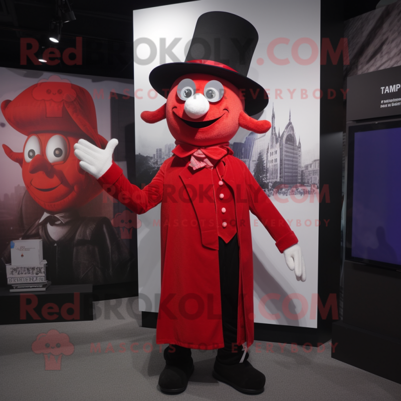 Red Witch'S Hat mascot costume character dressed with a Oxford Shirt and Suspenders