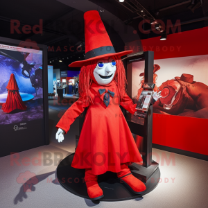 Red Witch'S Hat mascot costume character dressed with a Oxford Shirt and Suspenders