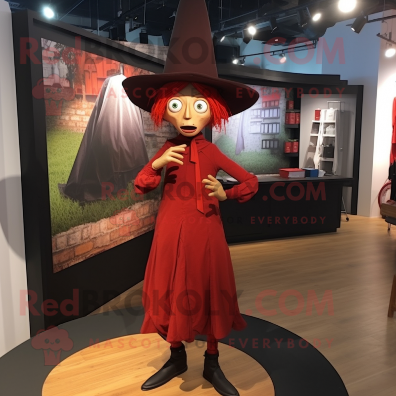 Red Witch'S Hat mascot costume character dressed with a Oxford Shirt and Suspenders