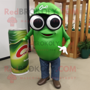 Olive Soda Can mascot costume character dressed with a Polo Tee and Eyeglasses