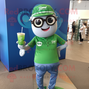 Olive Soda Can mascot costume character dressed with a Polo Tee and Eyeglasses