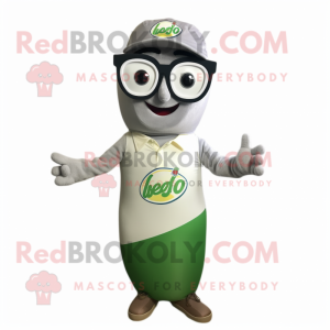 Olive Soda Can mascot costume character dressed with a Polo Tee and Eyeglasses