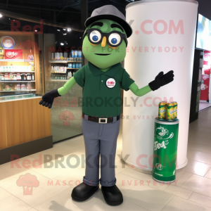 Olive Soda Can mascot costume character dressed with a Polo Tee and Eyeglasses