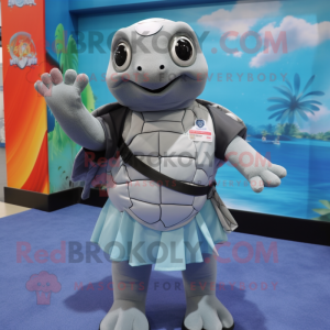 Gray Sea Turtle mascot costume character dressed with a Pencil Skirt and Keychains