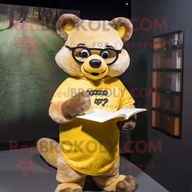 Yellow Marten mascot costume character dressed with a Romper and Reading glasses