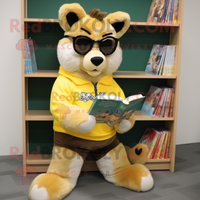 Yellow Marten mascot costume character dressed with a Romper and Reading glasses