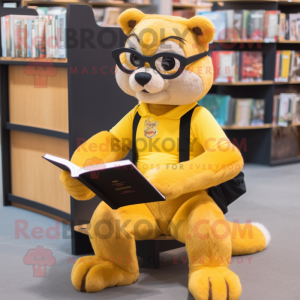 Yellow Marten mascot costume character dressed with a Romper and Reading glasses