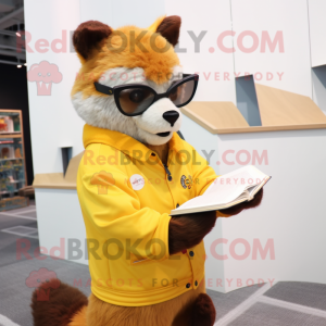 Yellow Marten mascot costume character dressed with a Romper and Reading glasses