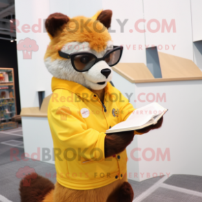 Yellow Marten mascot costume character dressed with a Romper and Reading glasses