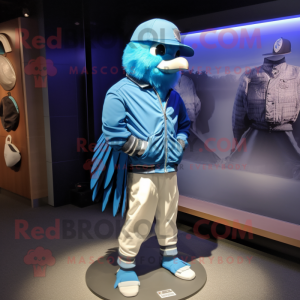 Cyan Blue Jay mascot costume character dressed with a Bomber Jacket and Belts