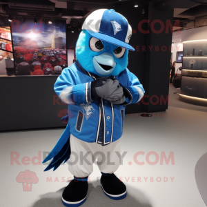 Cyan Blue Jay mascot costume character dressed with a Bomber Jacket and Belts