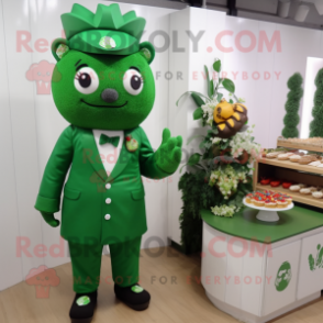 Forest Green Wedding Cake mascot costume character dressed with a Jumpsuit and Lapel pins