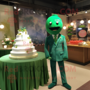 Forest Green Wedding Cake mascot costume character dressed with a Jumpsuit and Lapel pins