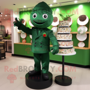 Forest Green Wedding Cake mascot costume character dressed with a Jumpsuit and Lapel pins