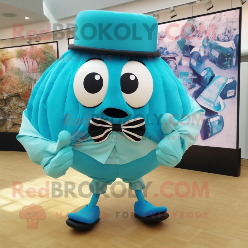 Turquoise Oyster mascot costume character dressed with a Shorts and Bow ties