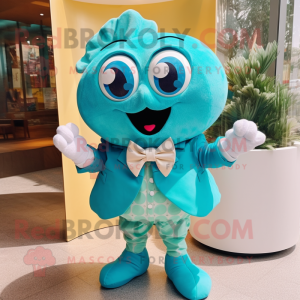 Turquoise Oyster mascot costume character dressed with a Shorts and Bow ties