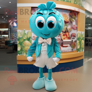 Turquoise Oyster mascot costume character dressed with a Shorts and Bow ties