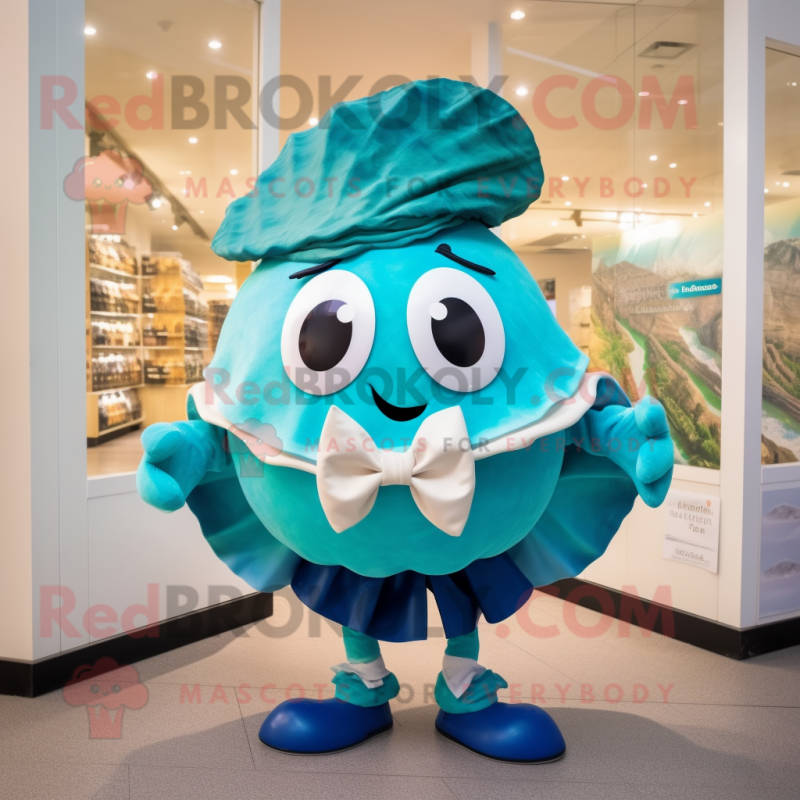 Turquoise Oyster mascot costume character dressed with a Shorts and Bow ties