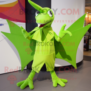 Lime Green Pterodactyl mascot costume character dressed with a Culottes and Mittens