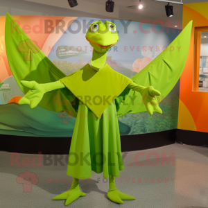 Lime Green Pterodactyl mascot costume character dressed with a Culottes and Mittens