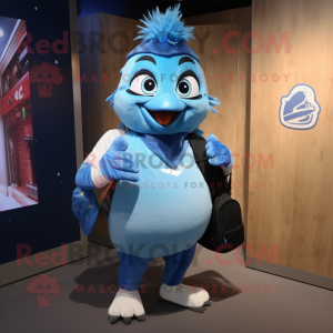 Blue Blue Jay mascot costume character dressed with a Rugby Shirt and Backpacks