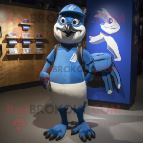 Blue Blue Jay mascot costume character dressed with a Rugby Shirt and Backpacks