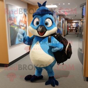 Blue Blue Jay mascot costume character dressed with a Rugby Shirt and Backpacks
