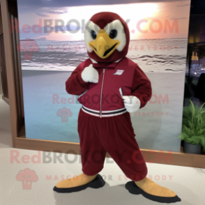 Maroon Falcon mascot costume character dressed with a Sweatshirt and Belts