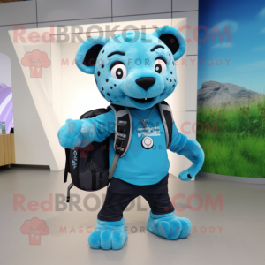 Cyan Jaguar mascot costume character dressed with a Trousers and Backpacks