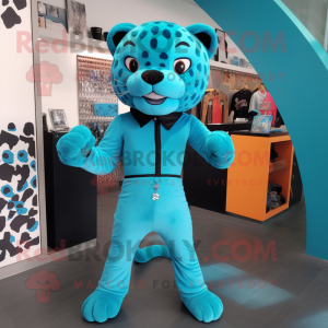 Cyan Jaguar mascot costume character dressed with a Trousers and Backpacks