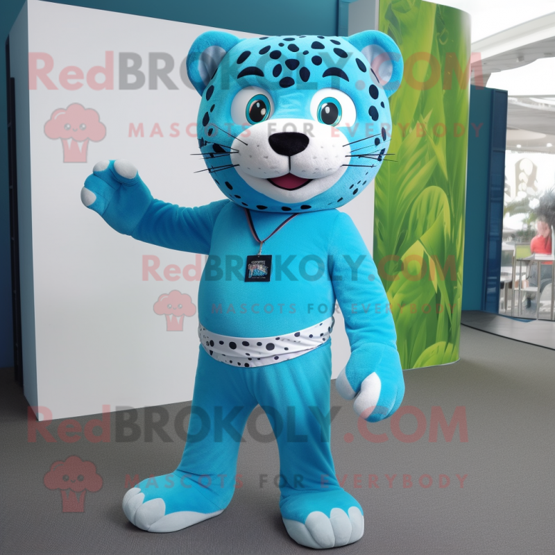 Cyan Jaguar mascot costume character dressed with a Trousers and Backpacks