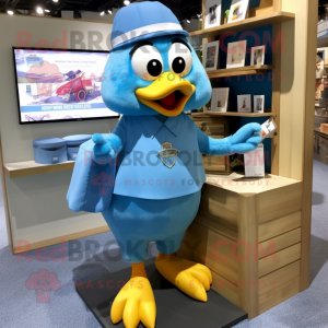 Sky Blue Hens mascot costume character dressed with a Culottes and Messenger bags