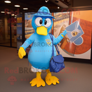 Sky Blue Hens mascot costume character dressed with a Culottes and Messenger bags